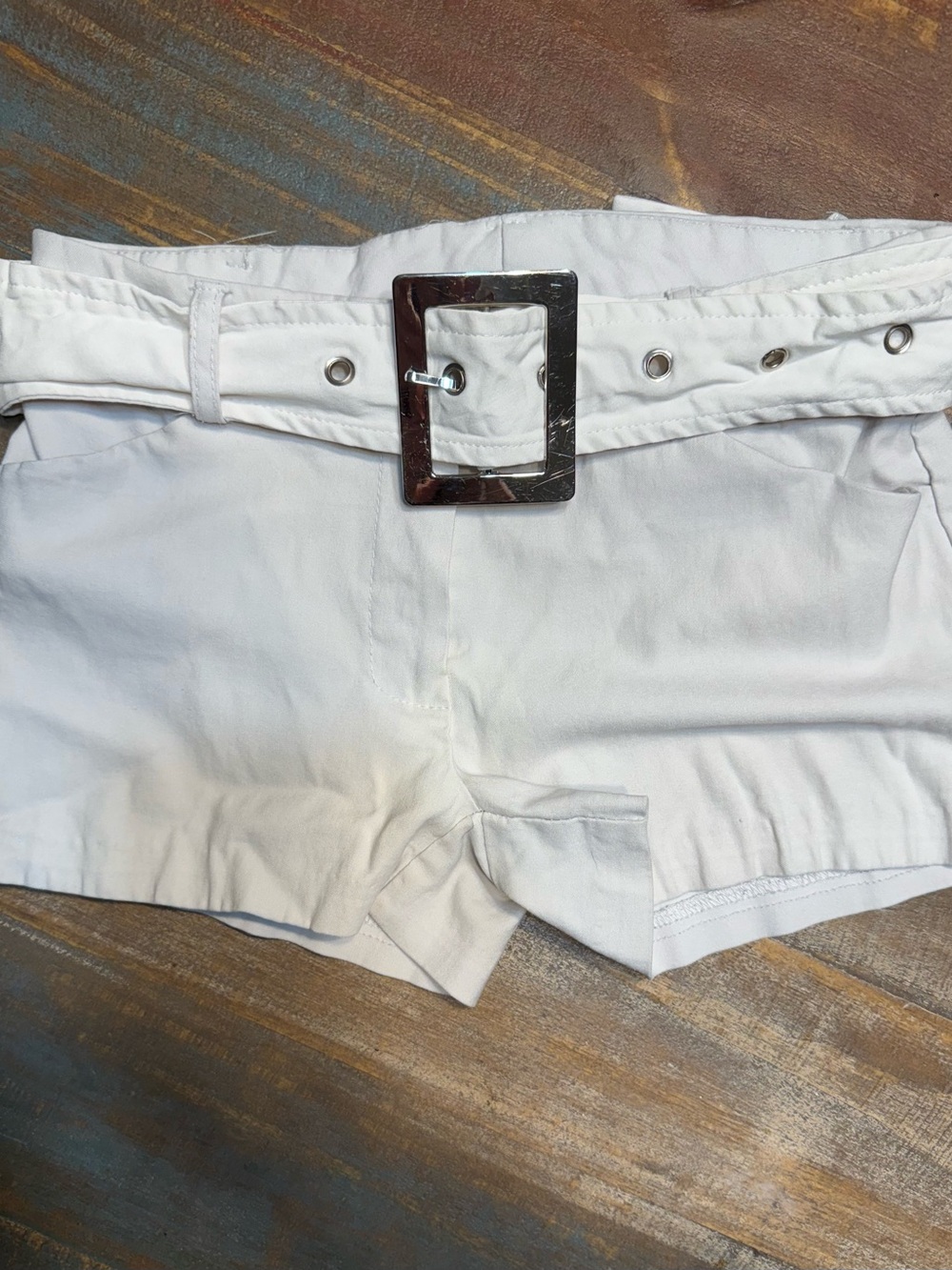 Rue21 White Belted Bike Shorts with Silver Buckle